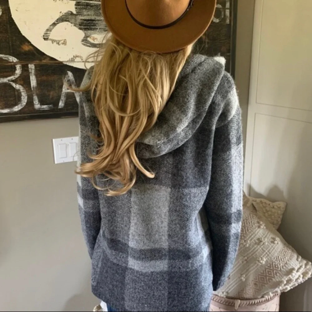 New Hooded Cardigan Sweater Coat Shacket Jacket Grey Vtg Western Boho - Picture 1 of 9